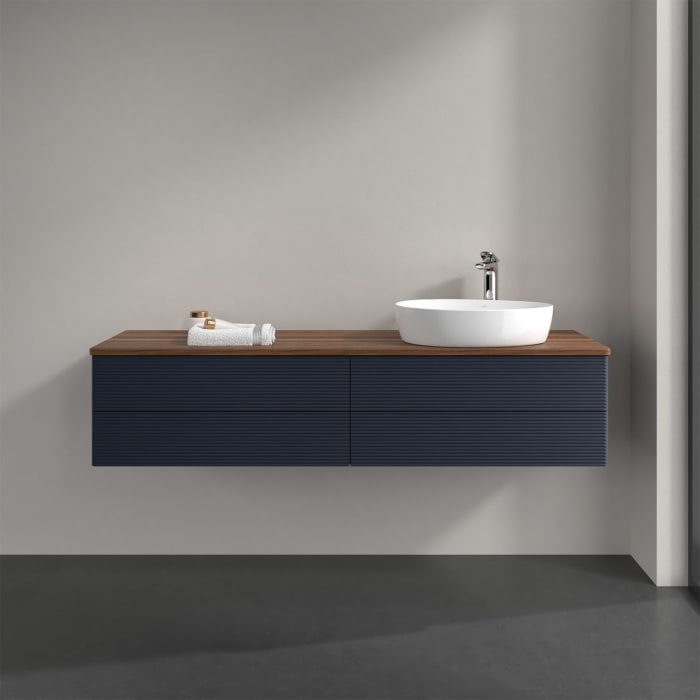 Villeroy & Boch Antao Waschbeckenunterschrank, 160 x 36 cm, 4 Auszüge mit LED-Licht, Front mit Struktur, mit Hahnloch, für Waschtisch rechts