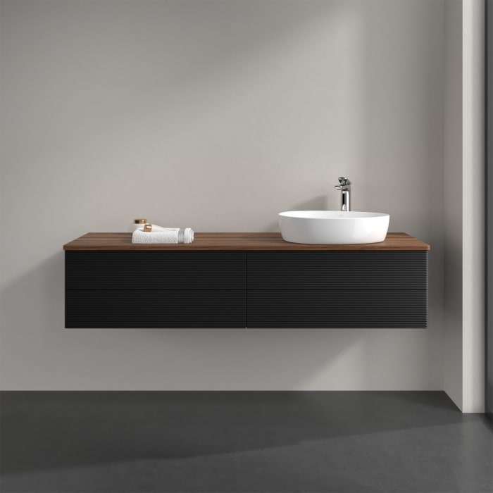 Villeroy & Boch Antao Waschbeckenunterschrank, 160 x 36 cm, 4 Auszüge mit LED-Licht, Front mit Struktur, mit Hahnloch, für Waschtisch rechts