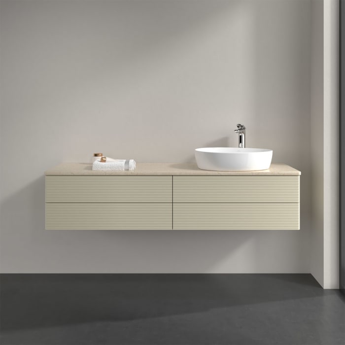 Villeroy & Boch Antao Waschbeckenunterschrank, 160 x 36 cm, 4 Auszüge mit LED-Licht, Front mit Struktur, mit Hahnloch, für Waschtisch rechts
