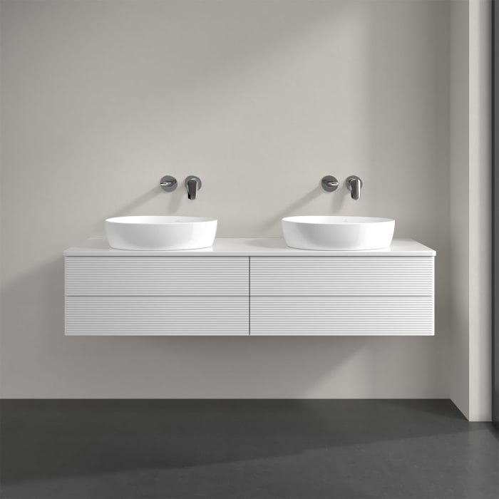 Villeroy & Boch Antao Waschbeckenunterschrank, 160 x 36 cm, 4 Auszüge mit LED-Licht, Front mit Struktur, mit Hahnloch, für Waschtisch links und rechts