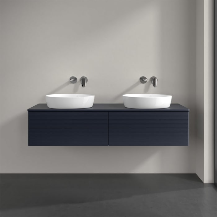 Villeroy & Boch Antao Waschbeckenunterschrank, 160 x 36 cm, 4 Auszüge mit LED-Licht, Front mit Struktur, mit Hahnloch, für Waschtisch links und rechts