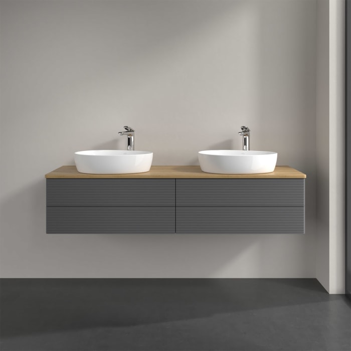 Villeroy & Boch Antao Waschbeckenunterschrank, 160 x 36 cm, 4 Auszüge mit LED-Licht, Front mit Struktur, mit Hahnloch, für Waschtisch links und rechts