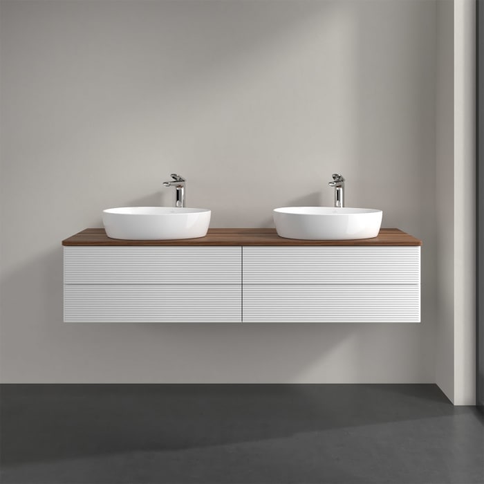 Villeroy & Boch Antao Waschbeckenunterschrank, 160 x 36 cm, 4 Auszüge mit LED-Licht, Front mit Struktur, mit Hahnloch, für Waschtisch links und rechts