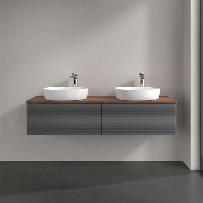 Villeroy & Boch Antao Waschbeckenunterschrank, 160 x 36 cm, 4 Auszüge mit LED-Licht, Front mit Struktur, mit Hahnloch, für Waschtisch links und rechts