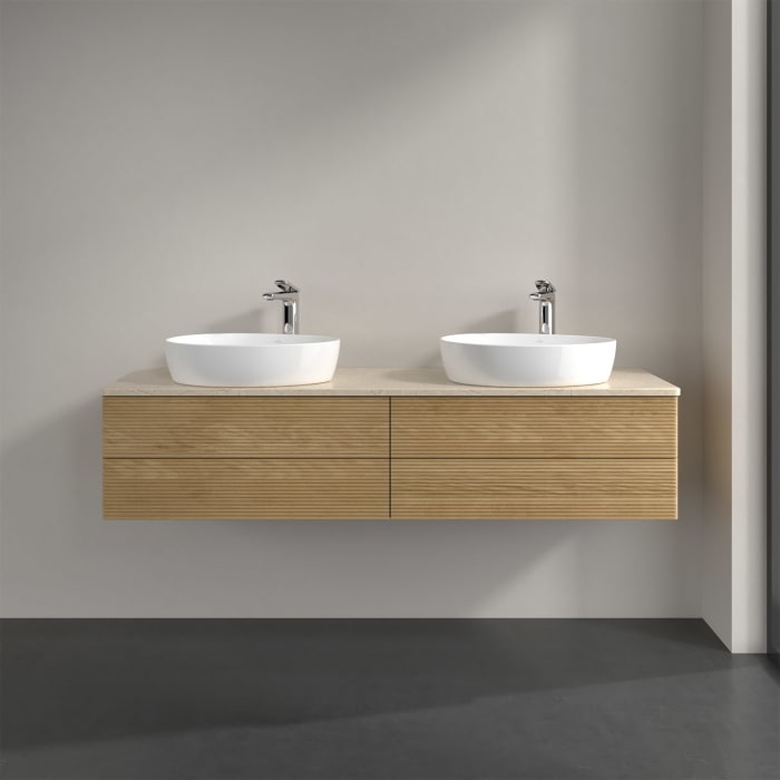 Villeroy & Boch Antao Waschbeckenunterschrank, 160 x 36 cm, 4 Auszüge mit LED-Licht, Front mit Struktur, mit Hahnloch, für Waschtisch links und rechts