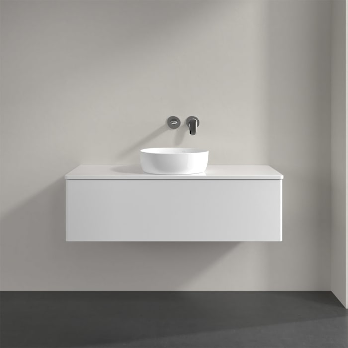 Villeroy & Boch Antao Waschbeckenunterschrank, 120 x 36 cm, 1 Auszug mit LED-Licht, Front ohne Struktur, ohne Hahnloch, für Waschtisch mittig
