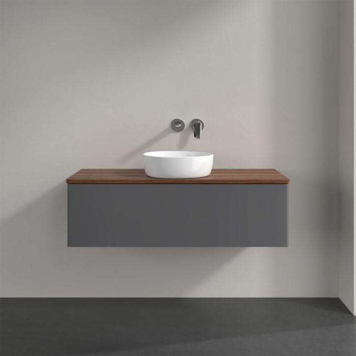 Villeroy & Boch Antao Waschbeckenunterschrank, 120 x 36 cm, 1 Auszug mit LED-Licht, Front ohne Struktur, ohne Hahnloch, für Waschtisch mittig