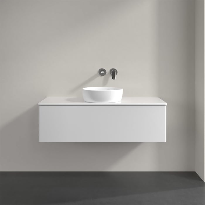 Villeroy & Boch Antao Waschbeckenunterschrank, 120 x 36 cm, 1 Auszug mit LED-Licht, Front ohne Struktur, mit Hahnloch, für Waschtisch mittig