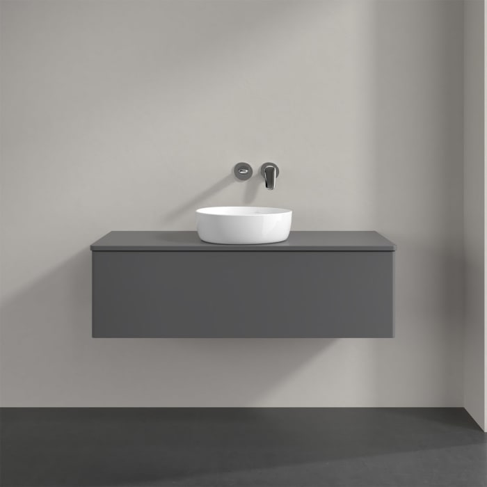 Villeroy & Boch Antao Waschbeckenunterschrank, 120 x 36 cm, 1 Auszug mit LED-Licht, Front ohne Struktur, mit Hahnloch, für Waschtisch mittig