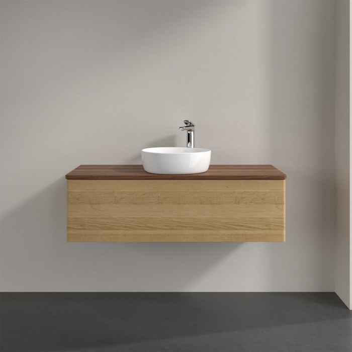 Villeroy & Boch Antao Waschbeckenunterschrank, 120 x 36 cm, 1 Auszug mit LED-Licht, Front ohne Struktur, mit Hahnloch, für Waschtisch mittig