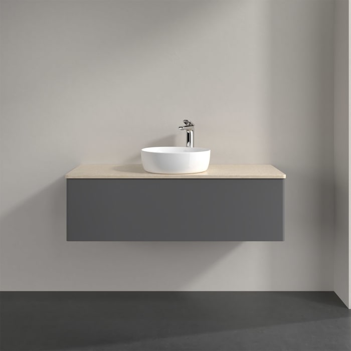 Villeroy & Boch Antao Waschbeckenunterschrank, 120 x 36 cm, 1 Auszug mit LED-Licht, Front ohne Struktur, mit Hahnloch, für Waschtisch mittig