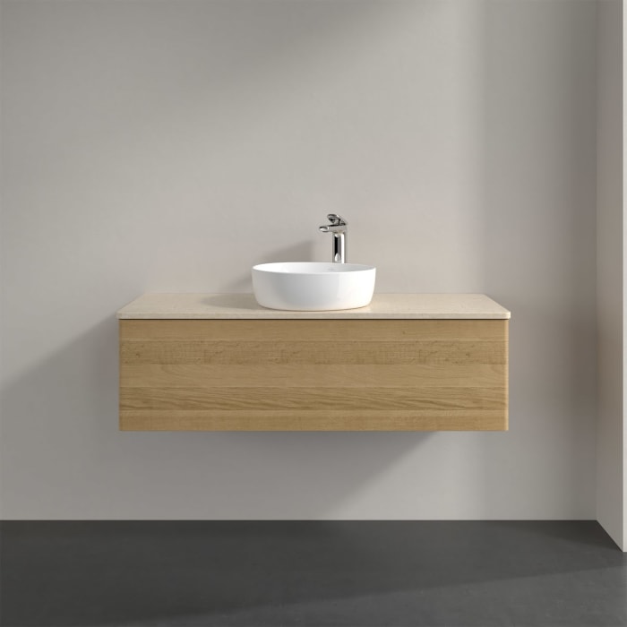 Villeroy & Boch Antao Waschbeckenunterschrank, 120 x 36 cm, 1 Auszug mit LED-Licht, Front ohne Struktur, mit Hahnloch, für Waschtisch mittig