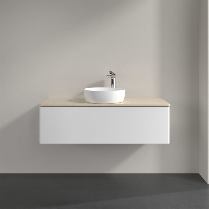 Villeroy & Boch Antao Waschbeckenunterschrank, 120 x 36 cm, 1 Auszug mit LED-Licht, Front ohne Struktur, mit Hahnloch, für Waschtisch mittig