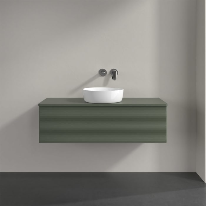 Villeroy & Boch Antao Waschbeckenunterschrank, 120 x 36 cm, 1 Auszug mit LED-Licht, Front mit Struktur, ohne Hahnloch, für Waschtisch mittig