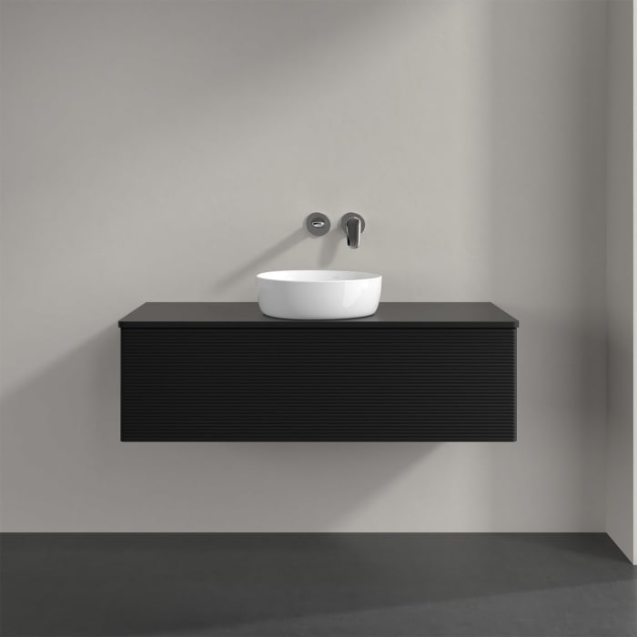 Villeroy & Boch Antao Waschbeckenunterschrank, 120 x 36 cm, 1 Auszug mit LED-Licht, Front mit Struktur, ohne Hahnloch, für Waschtisch mittig