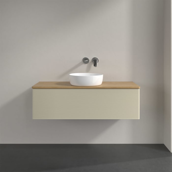 Villeroy & Boch Antao Waschbeckenunterschrank, 120 x 36 cm, 1 Auszug mit LED-Licht, Front mit Struktur, ohne Hahnloch, für Waschtisch mittig