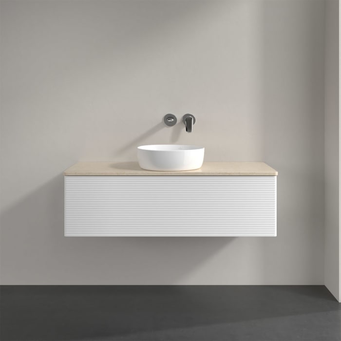 Villeroy & Boch Antao Waschbeckenunterschrank, 120 x 36 cm, 1 Auszug mit LED-Licht, Front mit Struktur, ohne Hahnloch, für Waschtisch mittig