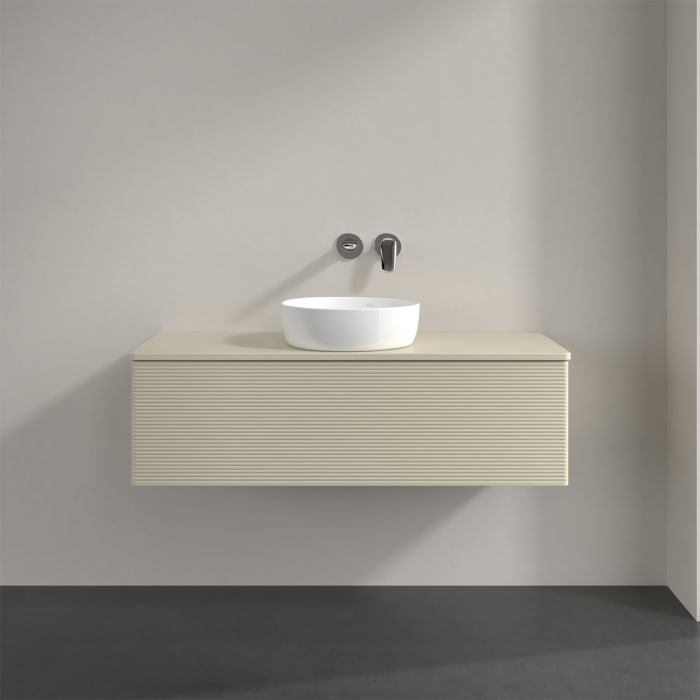 Villeroy & Boch Antao Waschbeckenunterschrank, 120 x 36 cm, 1 Auszug mit LED-Licht, Front mit Struktur, mit Hahnloch, für Waschtisch mittig