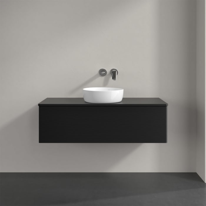 Villeroy & Boch Antao Waschbeckenunterschrank, 120 x 36 cm, 1 Auszug mit LED-Licht, Front mit Struktur, mit Hahnloch, für Waschtisch mittig