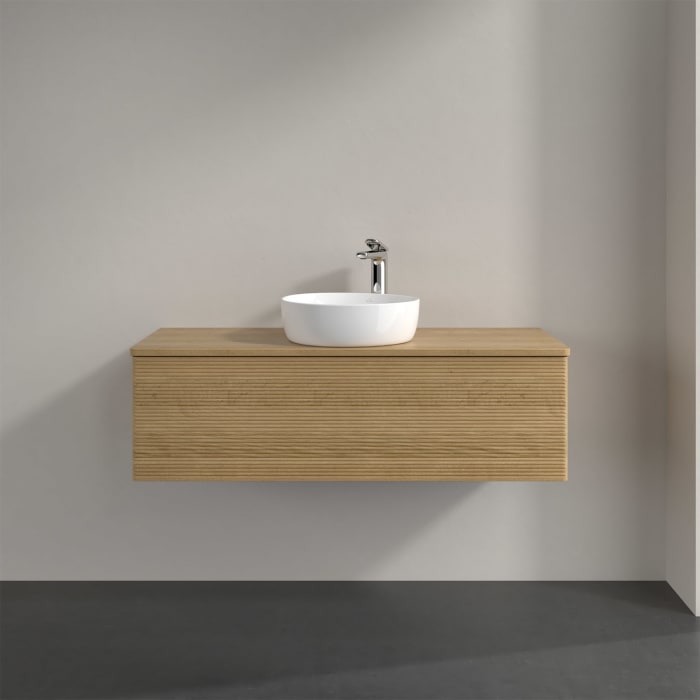 Villeroy & Boch Antao Waschbeckenunterschrank, 120 x 36 cm, 1 Auszug mit LED-Licht, Front mit Struktur, mit Hahnloch, für Waschtisch mittig