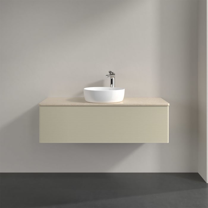 Villeroy & Boch Antao Waschbeckenunterschrank, 120 x 36 cm, 1 Auszug mit LED-Licht, Front mit Struktur, mit Hahnloch, für Waschtisch mittig