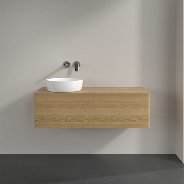 Villeroy & Boch Antao Waschbeckenunterschrank, 120 x 36 cm, 1 Auszug mit LED-Licht, Front ohne Struktur, ohne Hahnloch, für Waschtisch links