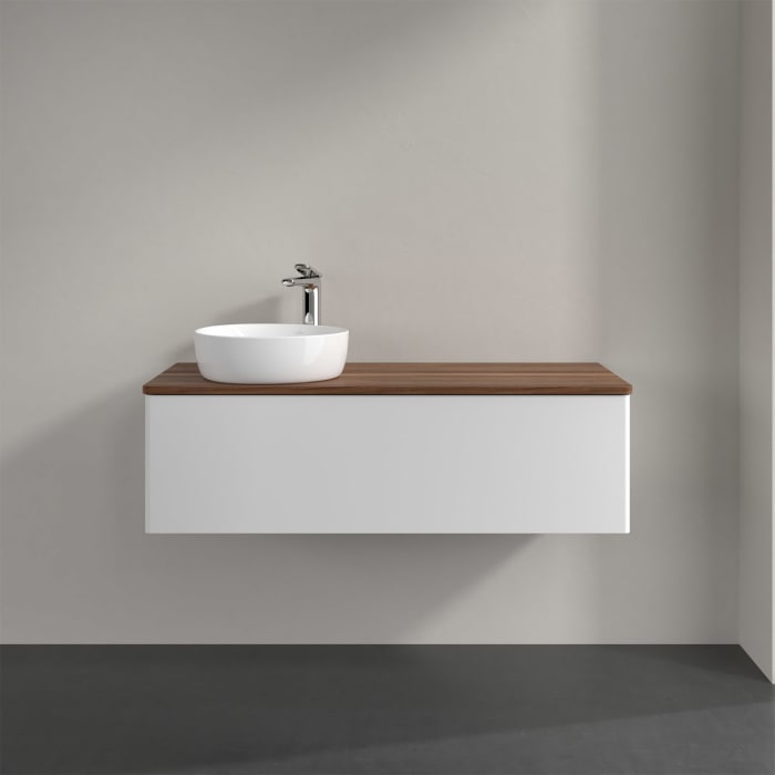 Villeroy & Boch Antao Waschbeckenunterschrank, 120 x 36 cm, 1 Auszug mit LED-Licht, Front ohne Struktur, mit Hahnloch, für Waschtisch links