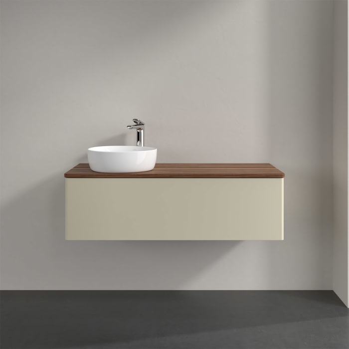 Villeroy & Boch Antao Waschbeckenunterschrank, 120 x 36 cm, 1 Auszug mit LED-Licht, Front ohne Struktur, mit Hahnloch, für Waschtisch links