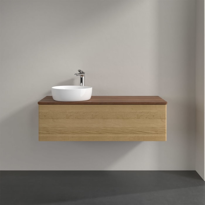 Villeroy & Boch Antao Waschbeckenunterschrank, 120 x 36 cm, 1 Auszug mit LED-Licht, Front ohne Struktur, mit Hahnloch, für Waschtisch links