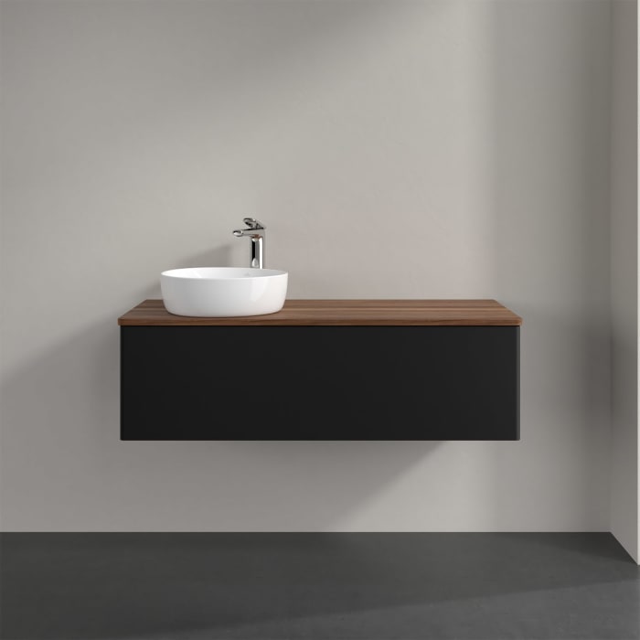 Villeroy & Boch Antao Waschbeckenunterschrank, 120 x 36 cm, 1 Auszug mit LED-Licht, Front ohne Struktur, mit Hahnloch, für Waschtisch links