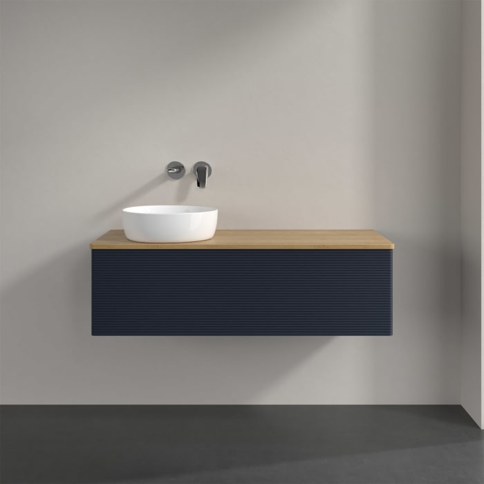 Villeroy & Boch Antao Waschbeckenunterschrank, 120 x 36 cm, 1 Auszug mit LED-Licht, Front mit Struktur, ohne Hahnloch, für Waschtisch links