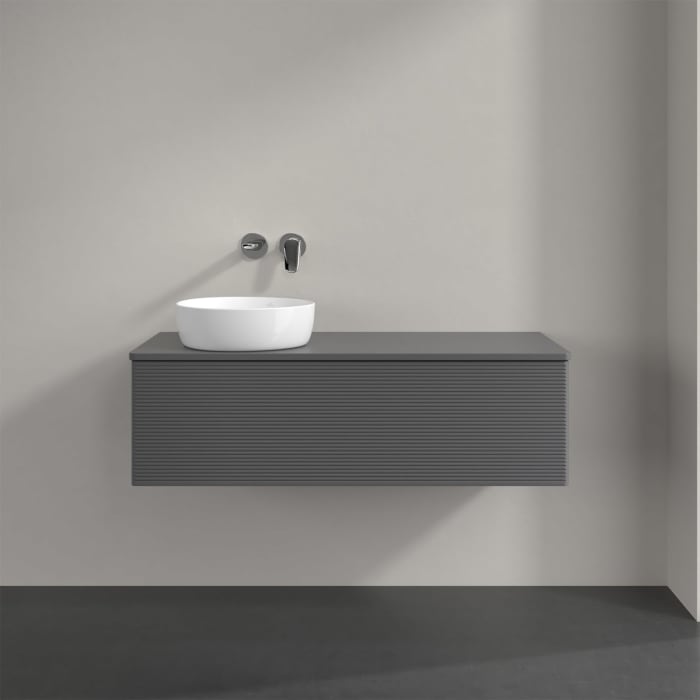 Villeroy & Boch Antao Waschbeckenunterschrank, 120 x 36 cm, 1 Auszug mit LED-Licht, Front mit Struktur, mit Hahnloch, für Waschtisch links