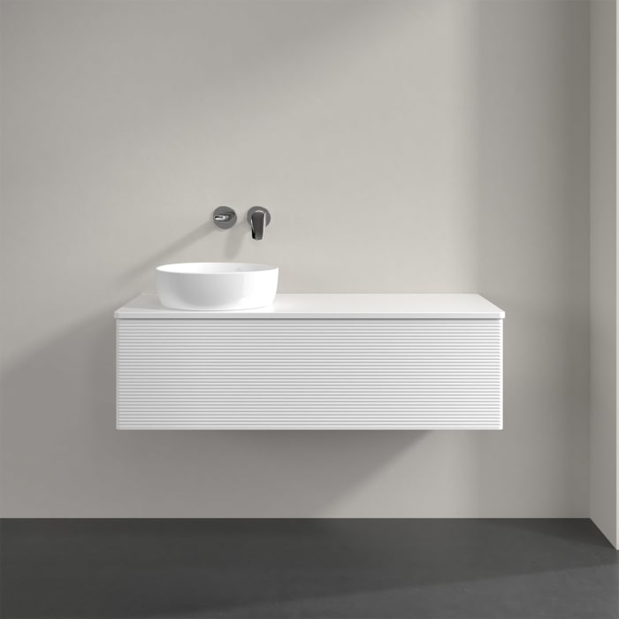 Villeroy & Boch Antao Waschbeckenunterschrank, 120 x 36 cm, 1 Auszug mit LED-Licht, Front mit Struktur, mit Hahnloch, für Waschtisch links