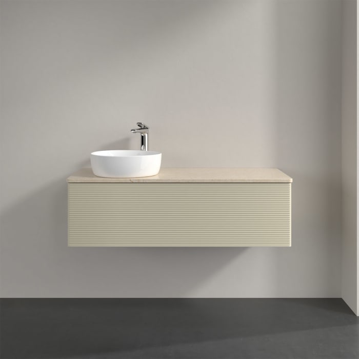 Villeroy & Boch Antao Waschbeckenunterschrank, 120 x 36 cm, 1 Auszug mit LED-Licht, Front mit Struktur, mit Hahnloch, für Waschtisch links