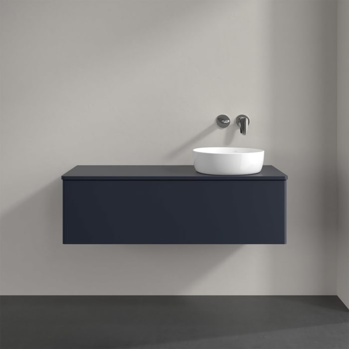 Villeroy & Boch Antao Waschbeckenunterschrank, 120 x 36 cm, 1 Auszug mit LED-Licht, Front ohne Struktur, mit Hahnloch, für Waschtisch rechts