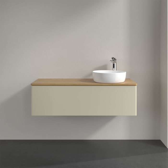 Villeroy & Boch Antao Waschbeckenunterschrank, 120 x 36 cm, 1 Auszug mit LED-Licht, Front ohne Struktur, mit Hahnloch, für Waschtisch rechts