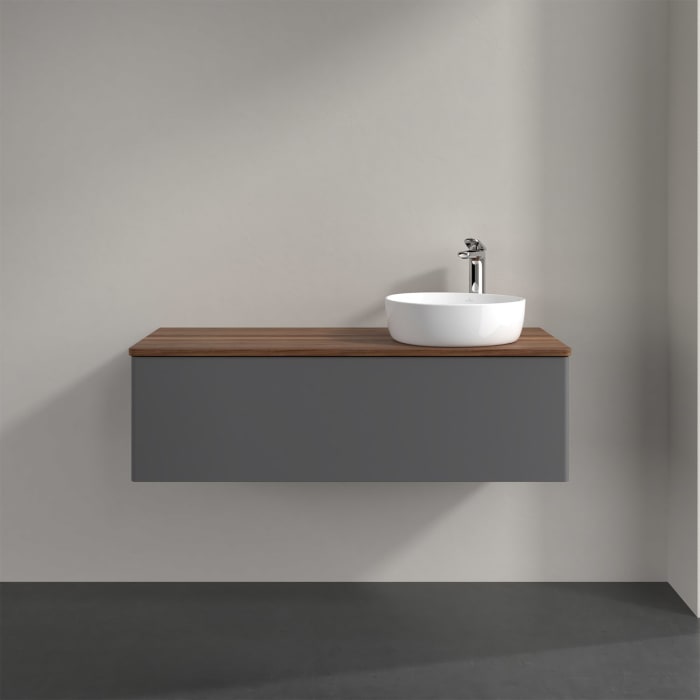 Villeroy & Boch Antao Waschbeckenunterschrank, 120 x 36 cm, 1 Auszug mit LED-Licht, Front ohne Struktur, mit Hahnloch, für Waschtisch rechts