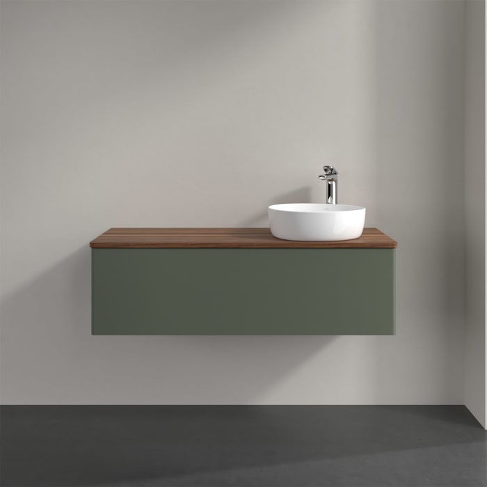 Villeroy & Boch Antao Waschbeckenunterschrank, 120 x 36 cm, 1 Auszug mit LED-Licht, Front ohne Struktur, mit Hahnloch, für Waschtisch rechts