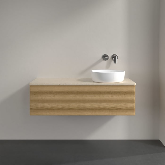 Villeroy & Boch Antao Waschbeckenunterschrank, 120 x 36 cm, 1 Auszug mit LED-Licht, Front mit Struktur, ohne Hahnloch, für Waschtisch rechts