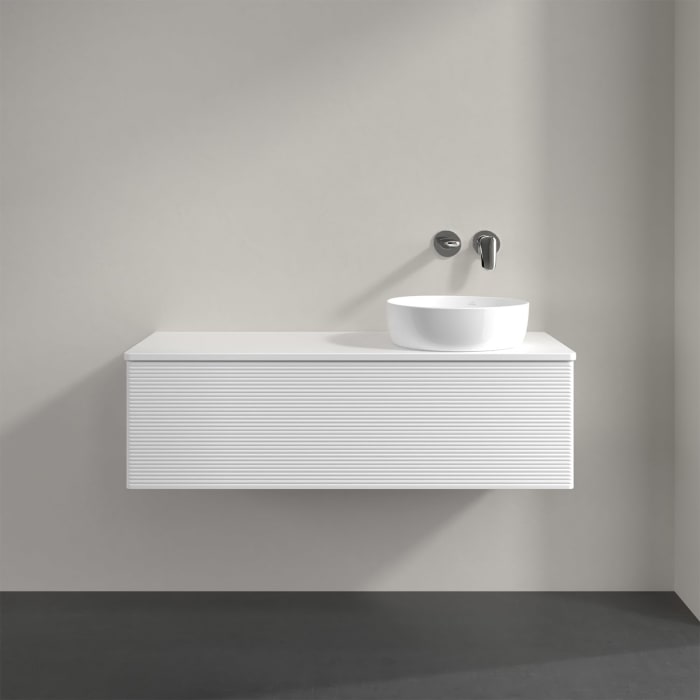 Villeroy & Boch Antao Waschbeckenunterschrank, 120 x 36 cm, 1 Auszug mit LED-Licht, Front mit Struktur, mit Hahnloch, für Waschtisch rechts