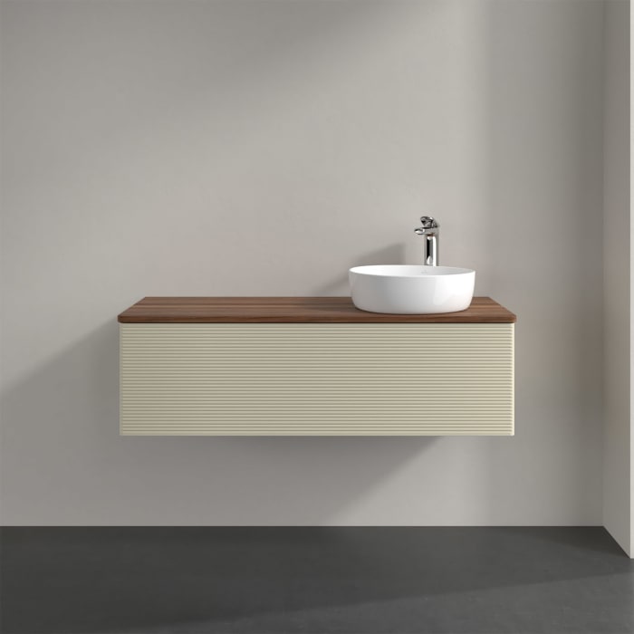 Villeroy & Boch Antao Waschbeckenunterschrank, 120 x 36 cm, 1 Auszug mit LED-Licht, Front mit Struktur, mit Hahnloch, für Waschtisch rechts