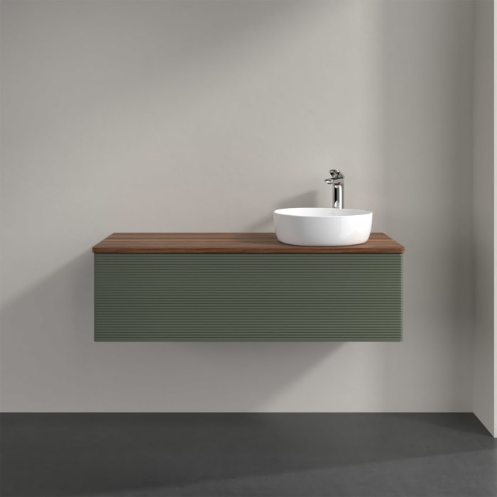 Villeroy & Boch Antao Waschbeckenunterschrank, 120 x 36 cm, 1 Auszug mit LED-Licht, Front mit Struktur, mit Hahnloch, für Waschtisch rechts