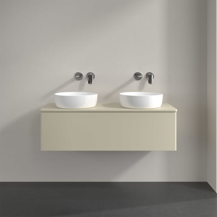 Villeroy & Boch Antao Waschbeckenunterschrank, 120 x 36 cm, 1 Auszug mit LED-Licht, Front ohne Struktur, mit Hahnloch, für Waschtisch links und rechts