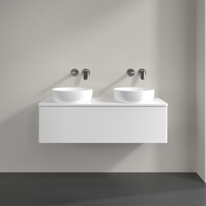 Villeroy & Boch Antao Waschbeckenunterschrank, 120 x 36 cm, 1 Auszug mit LED-Licht, Front mit Struktur, mit Hahnloch, für Waschtisch links und rechts