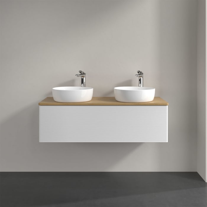 Villeroy & Boch Antao Waschbeckenunterschrank, 120 x 36 cm, 1 Auszug mit LED-Licht, Front mit Struktur, mit Hahnloch, für Waschtisch links und rechts