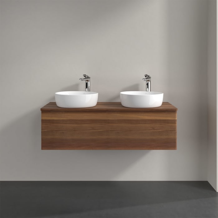 Villeroy & Boch Antao Waschbeckenunterschrank, 120 x 36 cm, 1 Auszug mit LED-Licht, Front mit Struktur, mit Hahnloch, für Waschtisch links und rechts