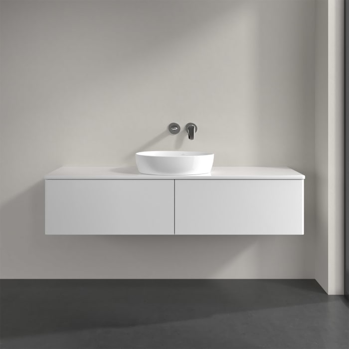 Villeroy & Boch Antao Waschbeckenunterschrank, 160 x 36 cm, 2 Auszüge mit LED-Licht, Front ohne Struktur, ohne Hahnloch, für Waschtisch mittig