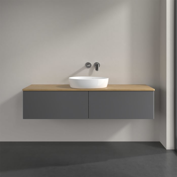 Villeroy & Boch Antao Waschbeckenunterschrank, 160 x 36 cm, 2 Auszüge mit LED-Licht, Front ohne Struktur, ohne Hahnloch, für Waschtisch mittig