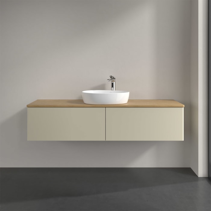Villeroy & Boch Antao Waschbeckenunterschrank, 160 x 36 cm, 2 Auszüge mit LED-Licht, Front ohne Struktur, mit Hahnloch, für Waschtisch mittig