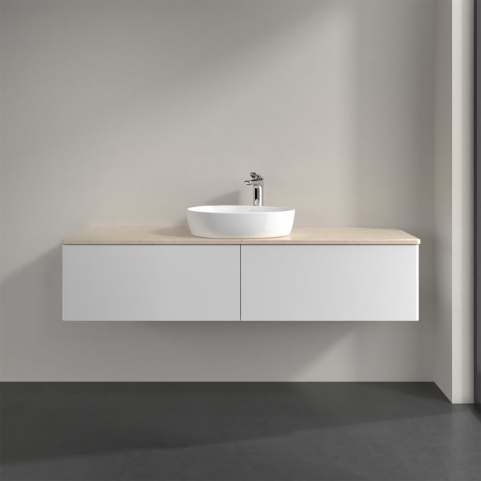Villeroy & Boch Antao Waschbeckenunterschrank, 160 x 36 cm, 2 Auszüge mit LED-Licht, Front ohne Struktur, mit Hahnloch, für Waschtisch mittig